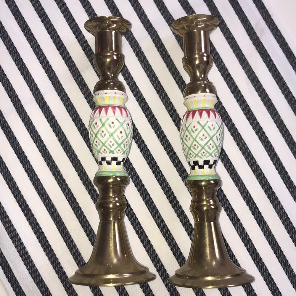 Brass and enamel candlestick holders
